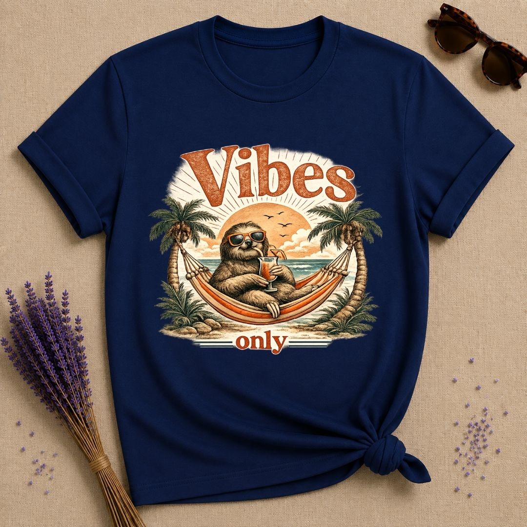 Vibes Only — Vintage Travel Poster Sloth T-Shirt for Women in Navy