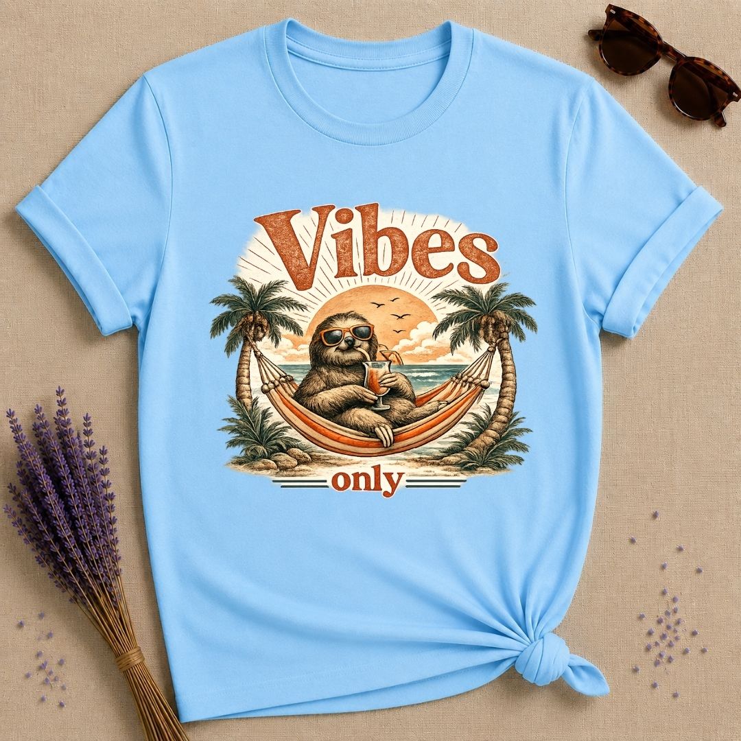 Vibes Only — Vintage Travel Poster Sloth T-Shirt for Women in Sky