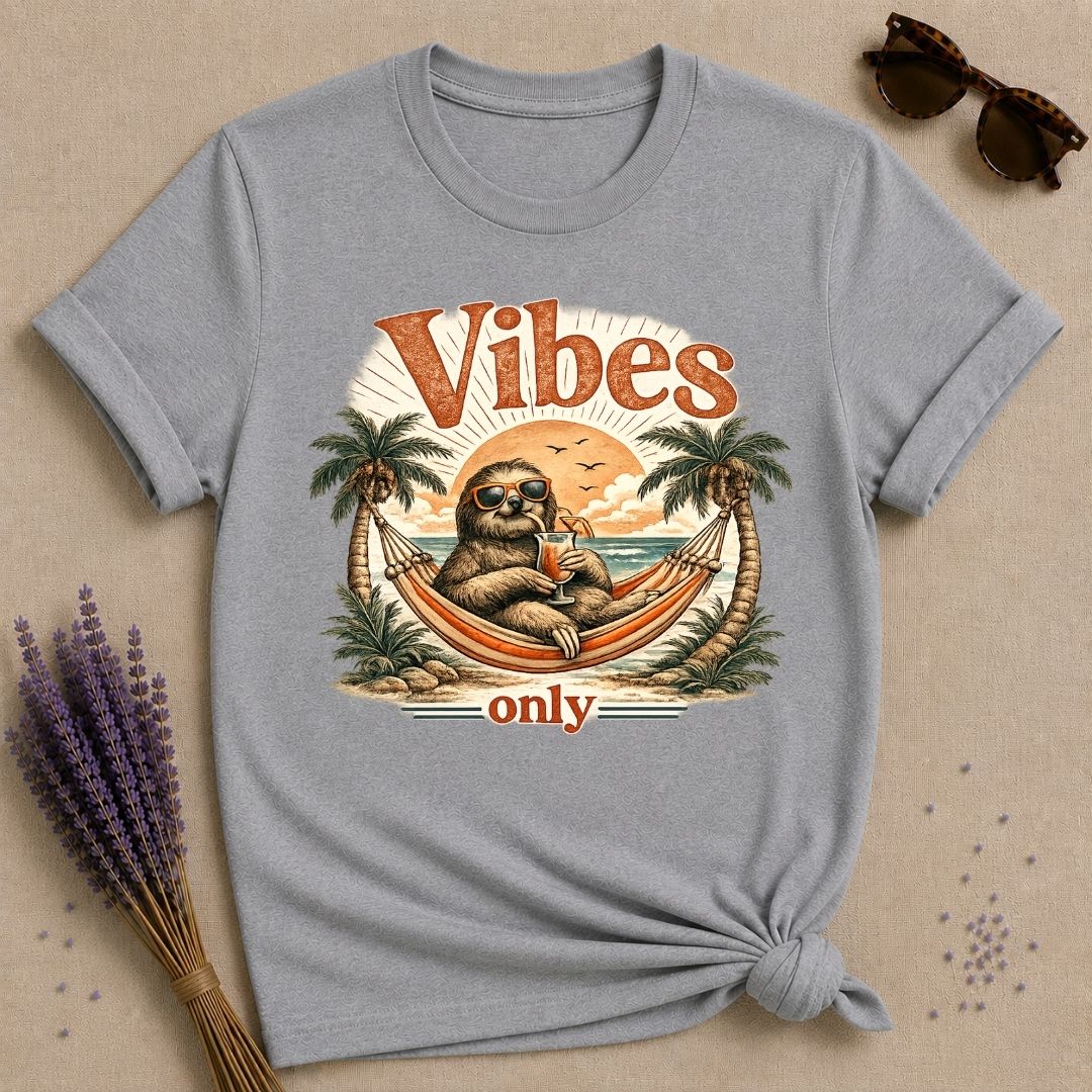 Vibes Only — Vintage Travel Poster Sloth T-Shirt for Women in Sport Grey