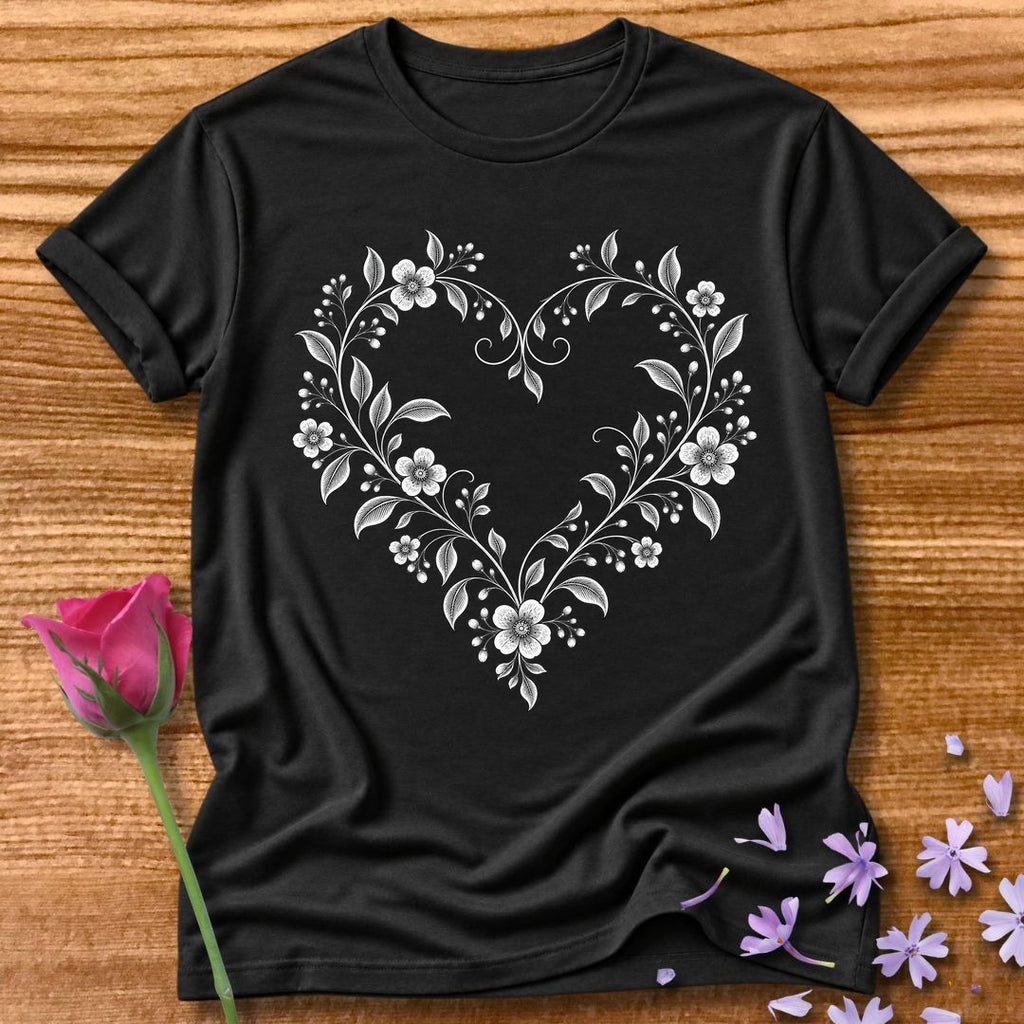Vine Heart Wreath — Fine Line Botanical T-Shirt for Women in Black