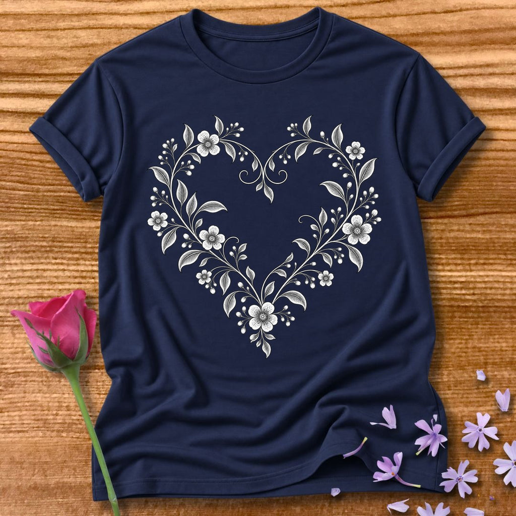 Vine Heart Wreath — Fine Line Botanical T-Shirt for Women in Navy