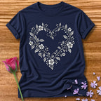 Vine Heart Wreath — Fine Line Botanical T-Shirt for Women in Navy