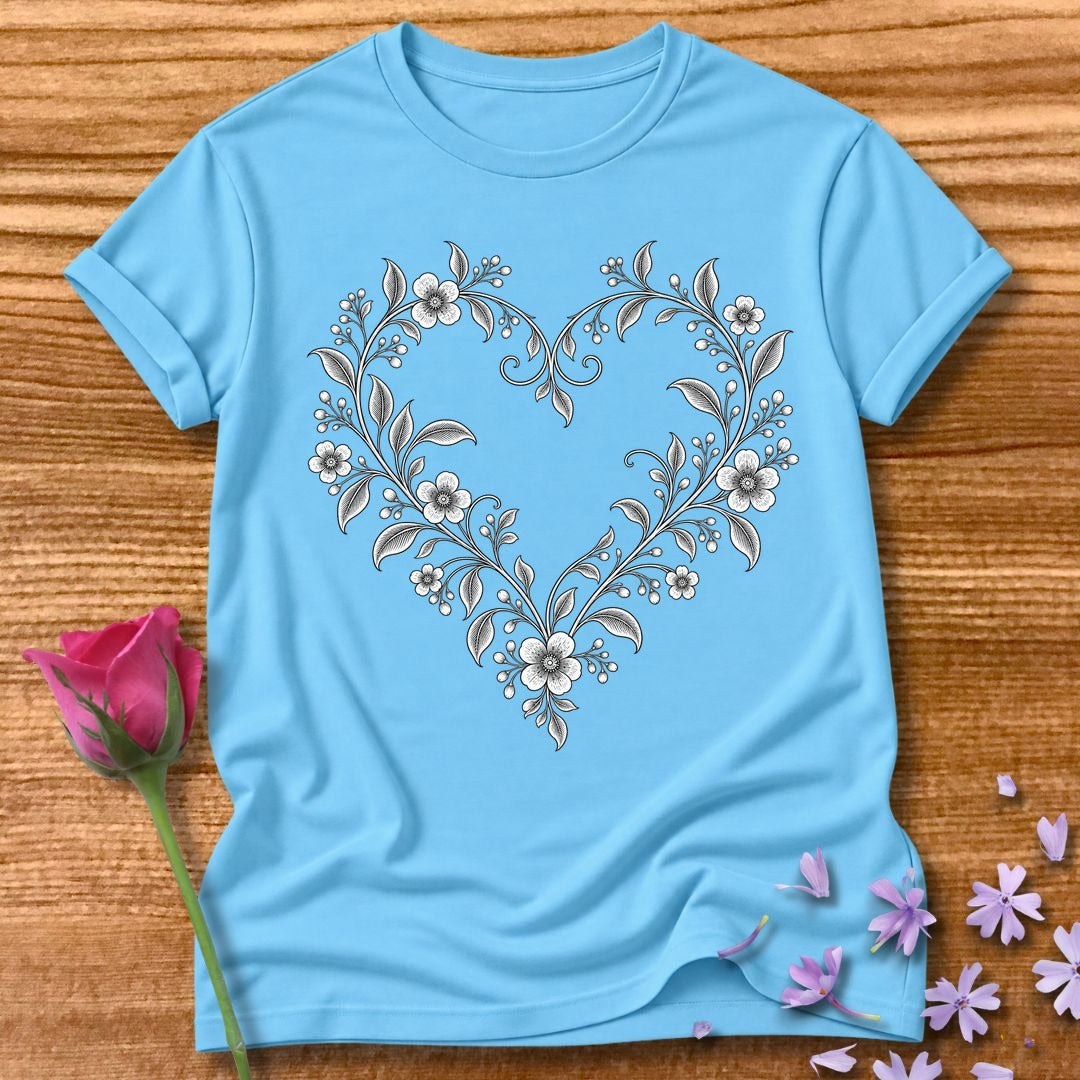 Vine Heart Wreath — Fine Line Botanical T-Shirt for Women in Sky