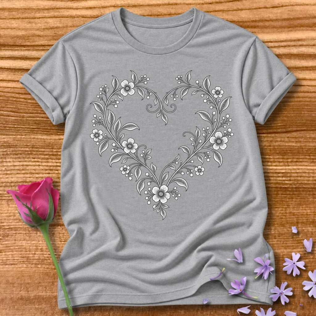Vine Heart Wreath — Fine Line Botanical T-Shirt for Women in Sport Grey