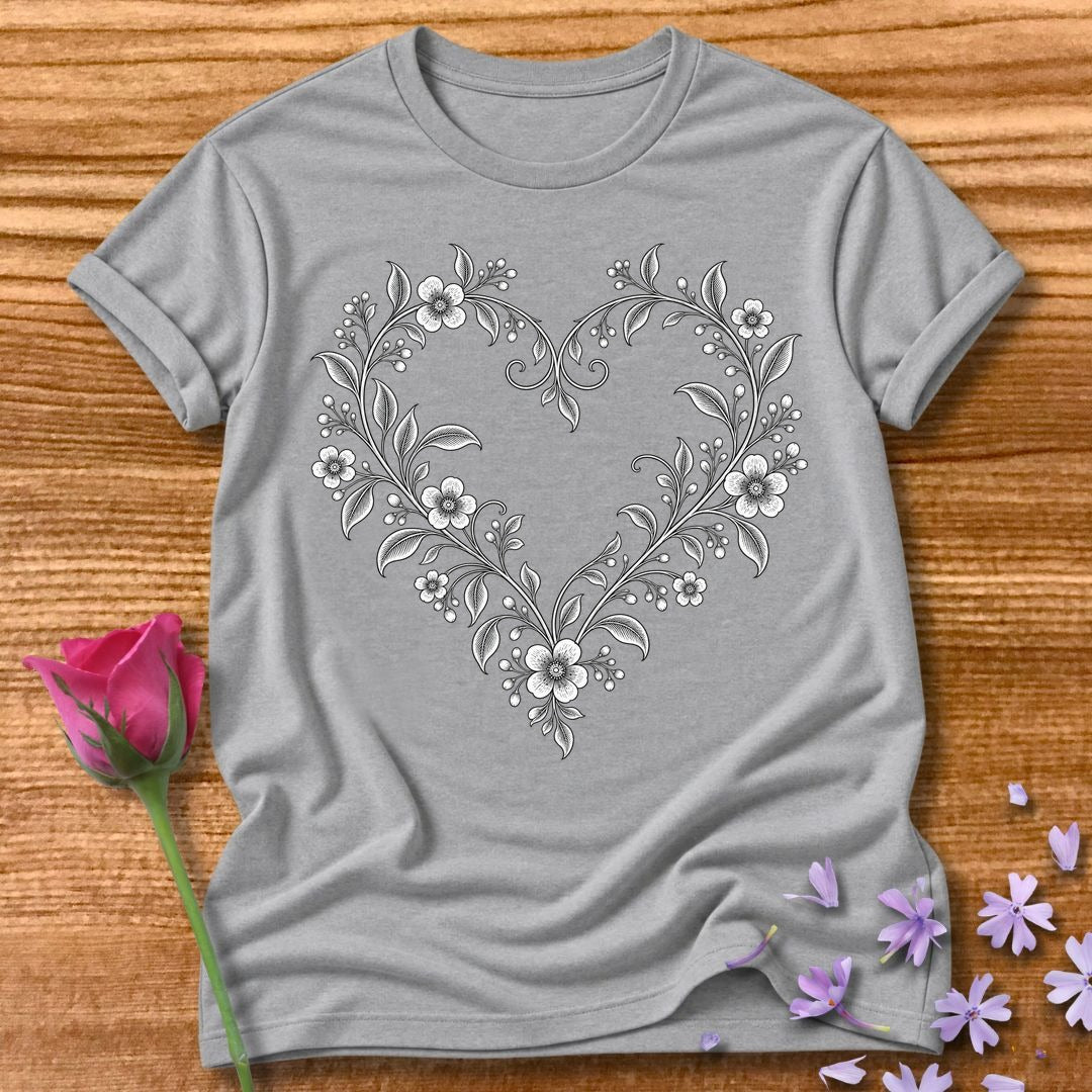 Vine Heart Wreath — Fine Line Botanical T-Shirt for Women in Sport Grey