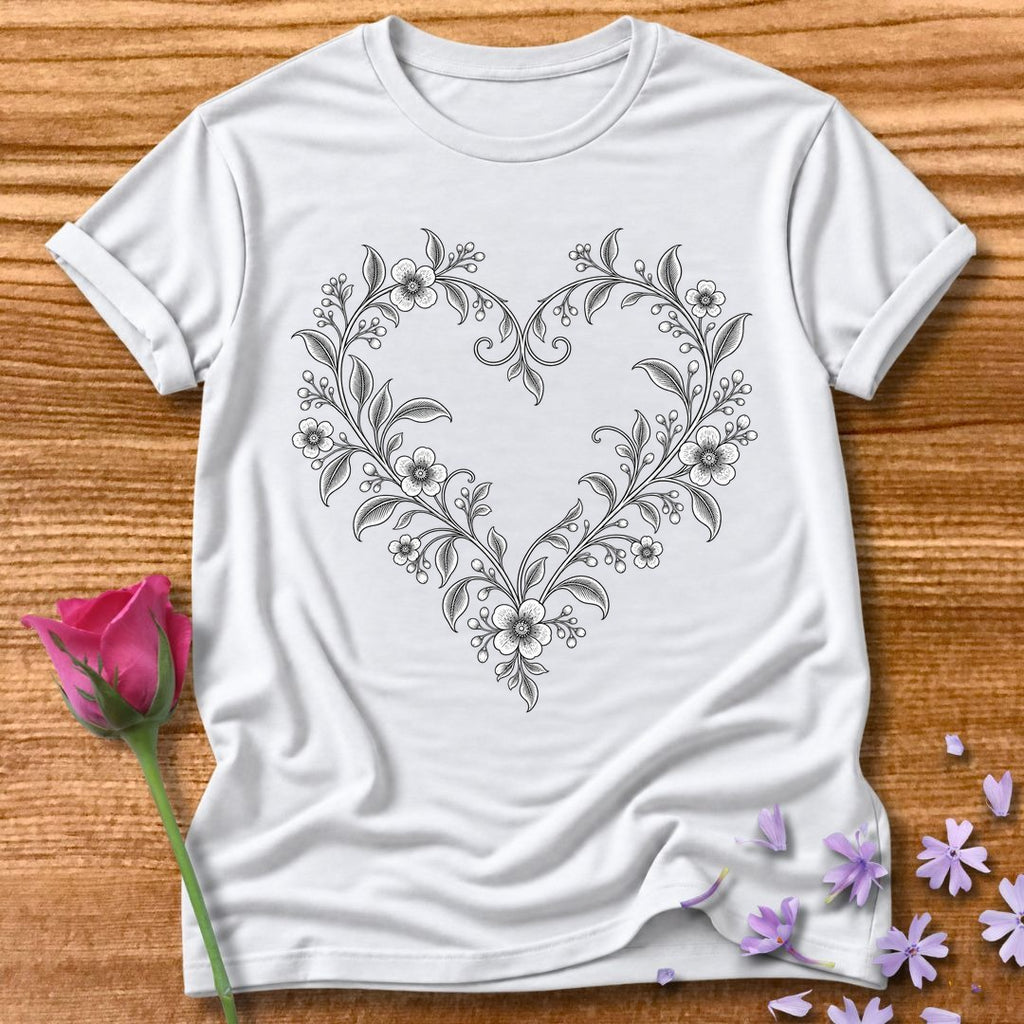 Vine Heart Wreath — Fine Line Botanical T-Shirt for Women in White