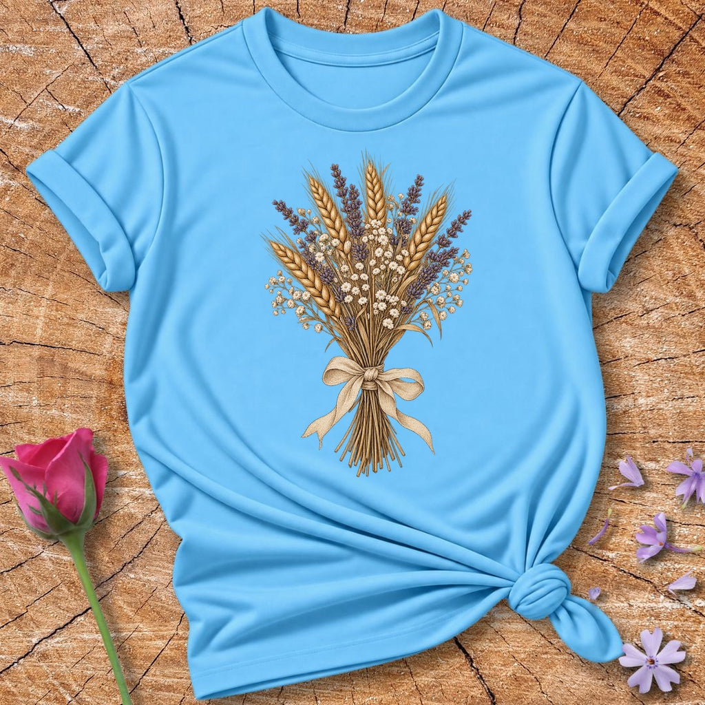 Vintage Dried-Flower Bouquet — Wheat Lavender Botanical T-Shirt for Women in Sky