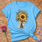 Vintage Sunflower Bouquet — Engraving Style Botanical T-Shirt for Women in Sky