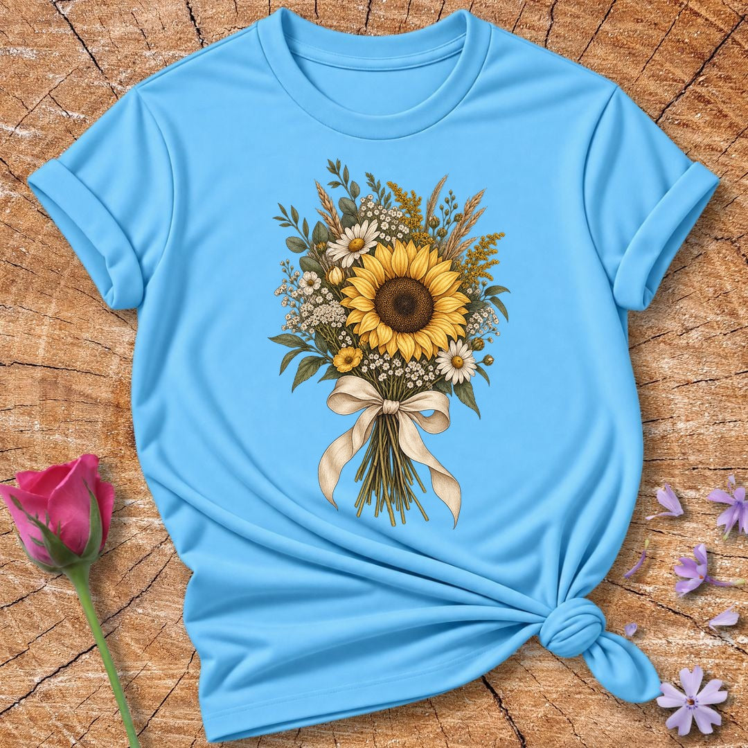 Vintage Sunflower Bouquet — Engraving Style Botanical T-Shirt for Women in Sky