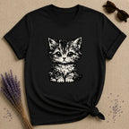 Wide-Eyed Kitten — Washed Out Vintage T-Shirt for Women in Black
