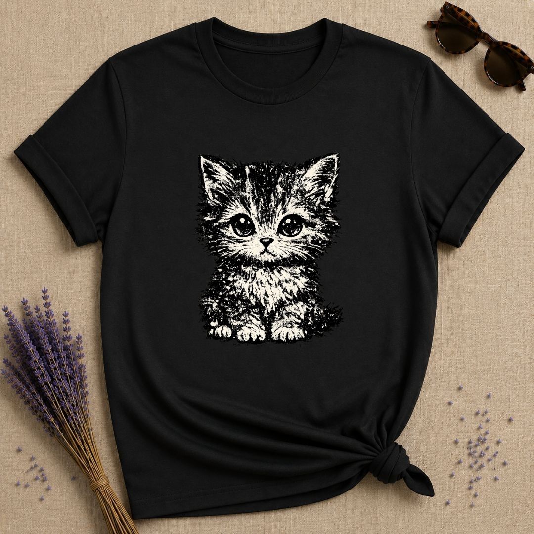 Wide-Eyed Kitten — Washed Out Vintage T-Shirt for Women in Black