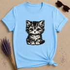 Wide-Eyed Kitten — Washed Out Vintage T-Shirt for Women in Sky