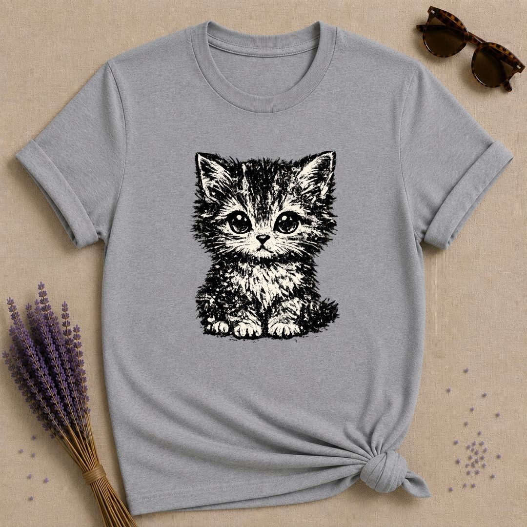 Wide-Eyed Kitten — Washed Out Vintage T-Shirt for Women in Sport Grey