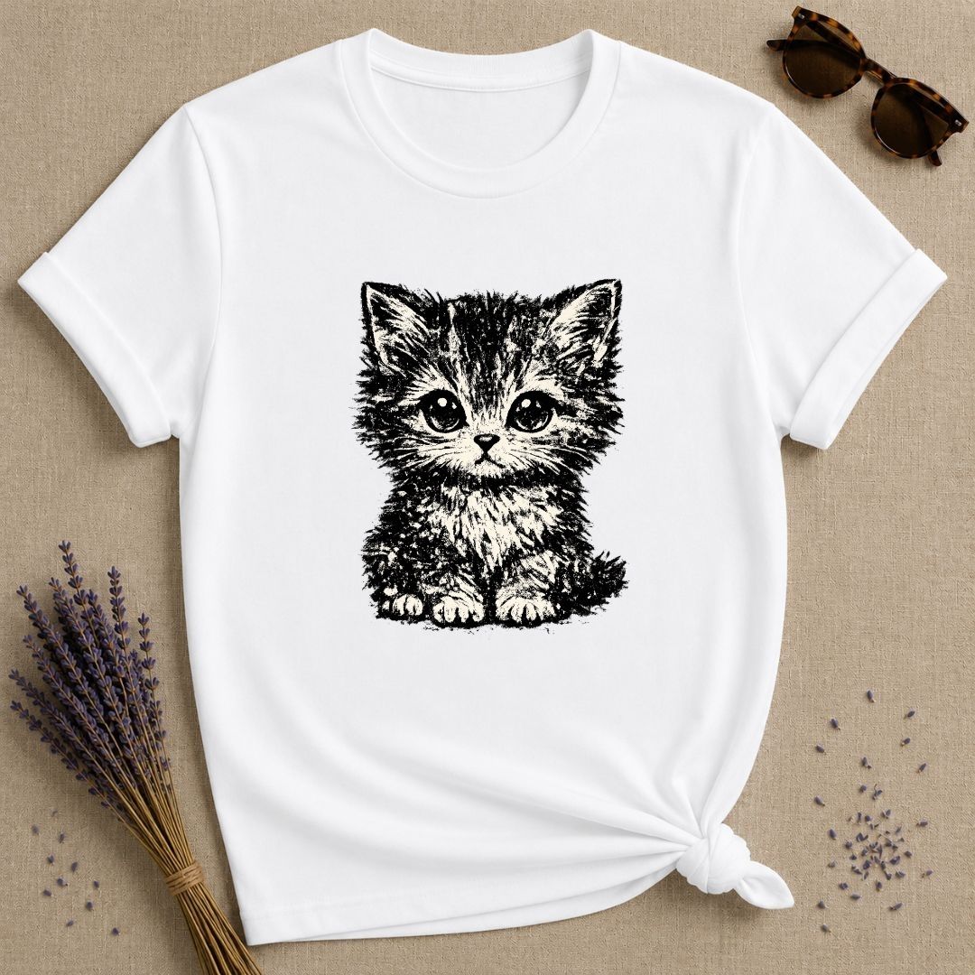 Wide-Eyed Kitten — Washed Out Vintage T-Shirt for Women in White
