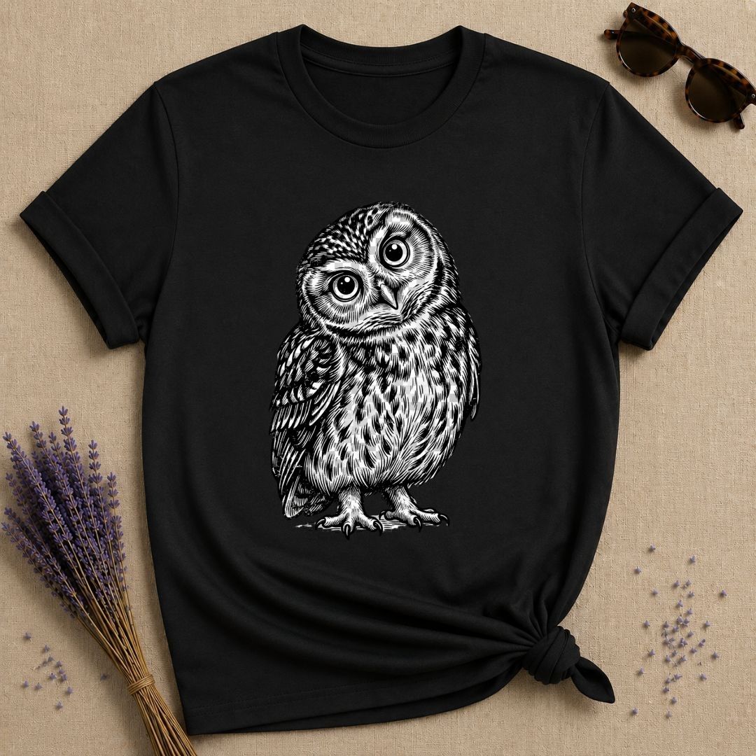 Wide-Eyed Owl — Washed Out Vintage T-Shirt for Women in Black