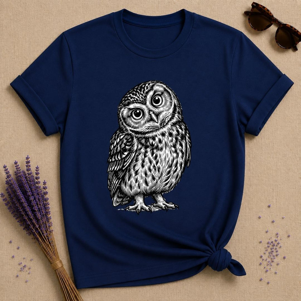 Wide-Eyed Owl — Washed Out Vintage T-Shirt for Women in Navy