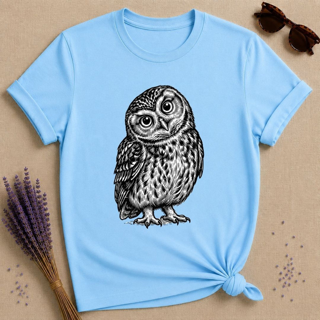 Wide-Eyed Owl — Washed Out Vintage T-Shirt for Women in Sky
