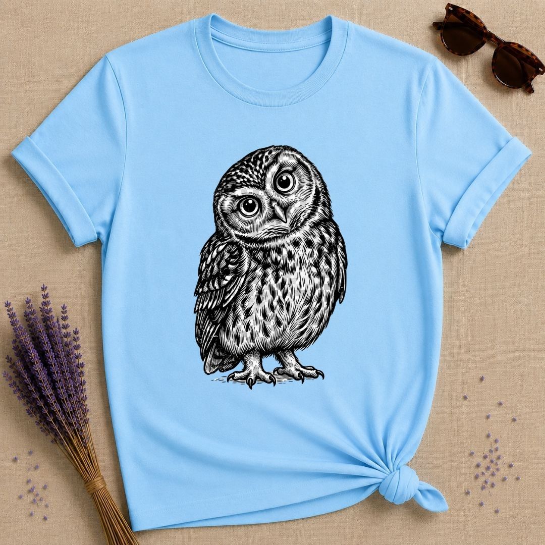 Wide-Eyed Owl — Washed Out Vintage T-Shirt for Women in Sky