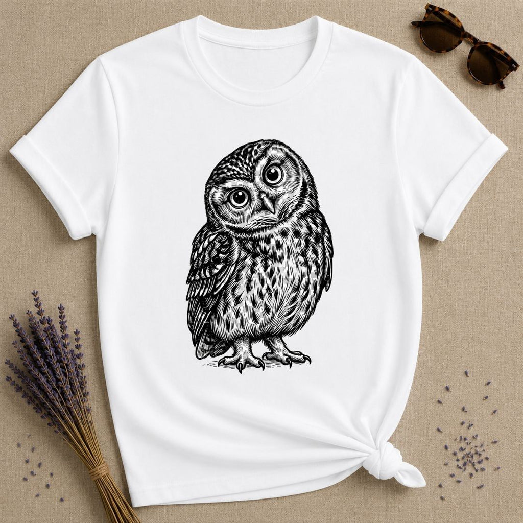 Wide-Eyed Owl — Washed Out Vintage T-Shirt for Women in White