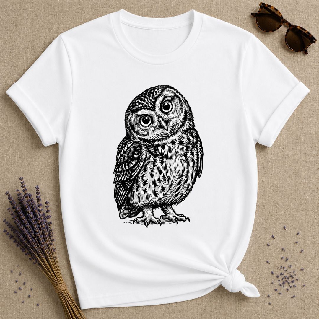 Wide-Eyed Owl — Washed Out Vintage T-Shirt for Women in White