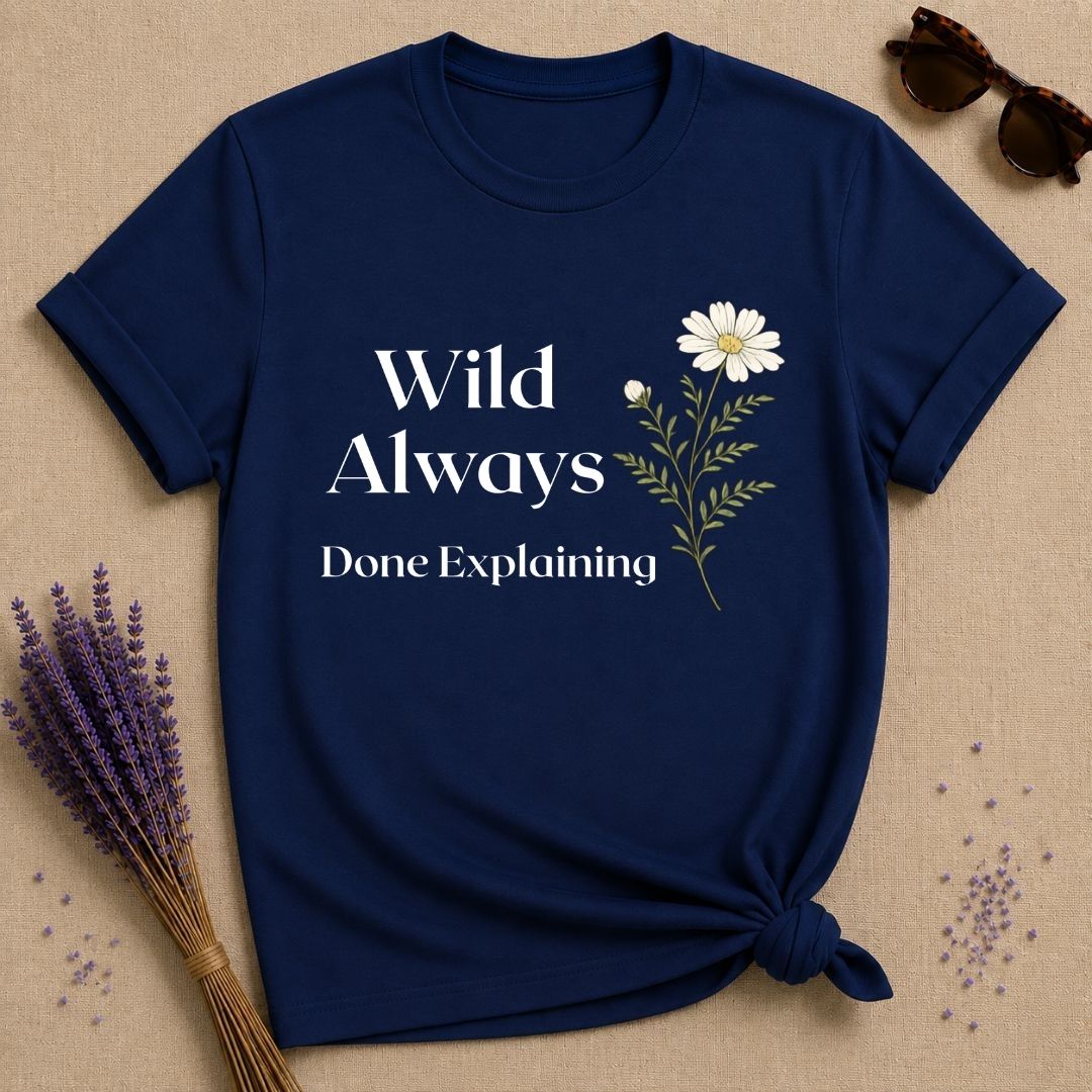 Wild Always Done Explaining — Wildflower Daisy Statement T-Shirt for Women in Navy