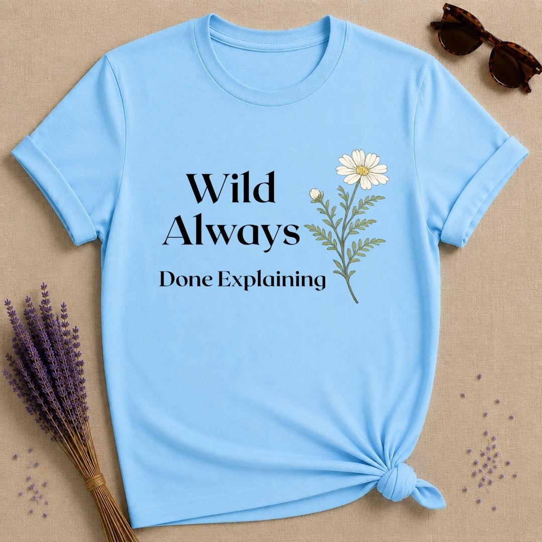 Wild Always Done Explaining — Wildflower Daisy Statement T-Shirt for Women in Sky