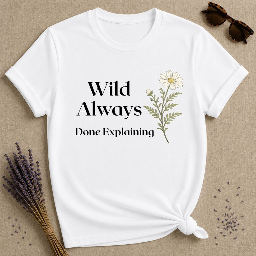 Wild Always Done Explaining — Wildflower Daisy Statement T-Shirt for Women in White