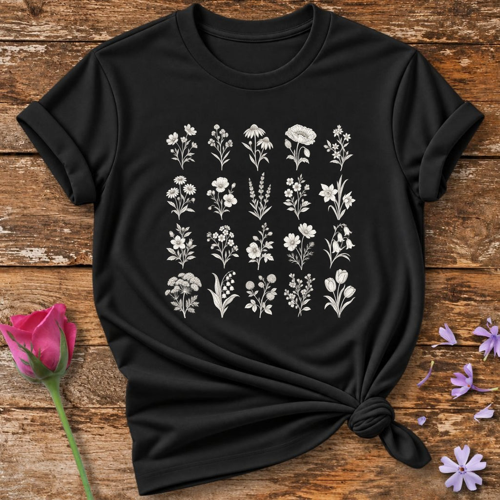 Wildflower Sketch Collection — Simple Line Art Botanical T-Shirt for Women in Black