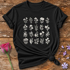 Wildflower Sketch Collection — Simple Line Art Botanical T-Shirt for Women in Black