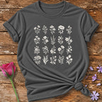 Wildflower Sketch Collection — Simple Line Art Botanical T-Shirt for Women in Charcoal