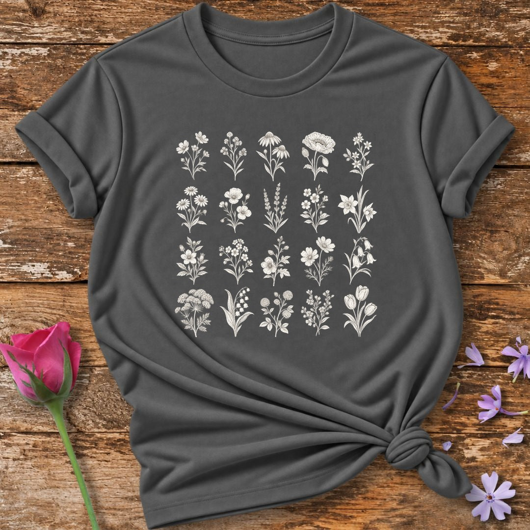Wildflower Sketch Collection — Simple Line Art Botanical T-Shirt for Women in Charcoal