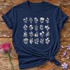 Wildflower Sketch Collection — Simple Line Art Botanical T-Shirt for Women in Navy