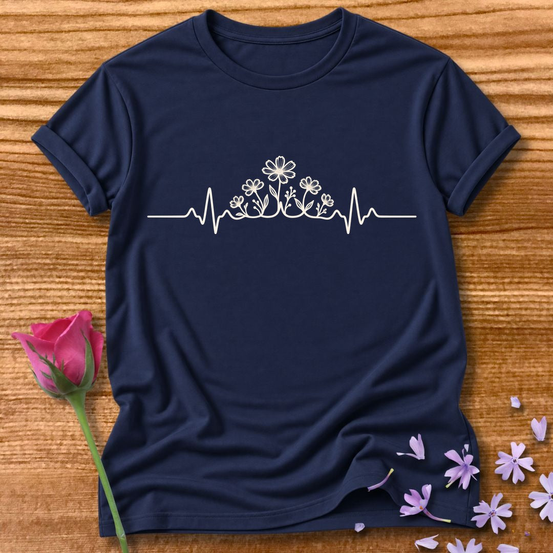 Wildflower Heartbeat — Minimalist Botanical Line Art T-Shirt for Women in Navy