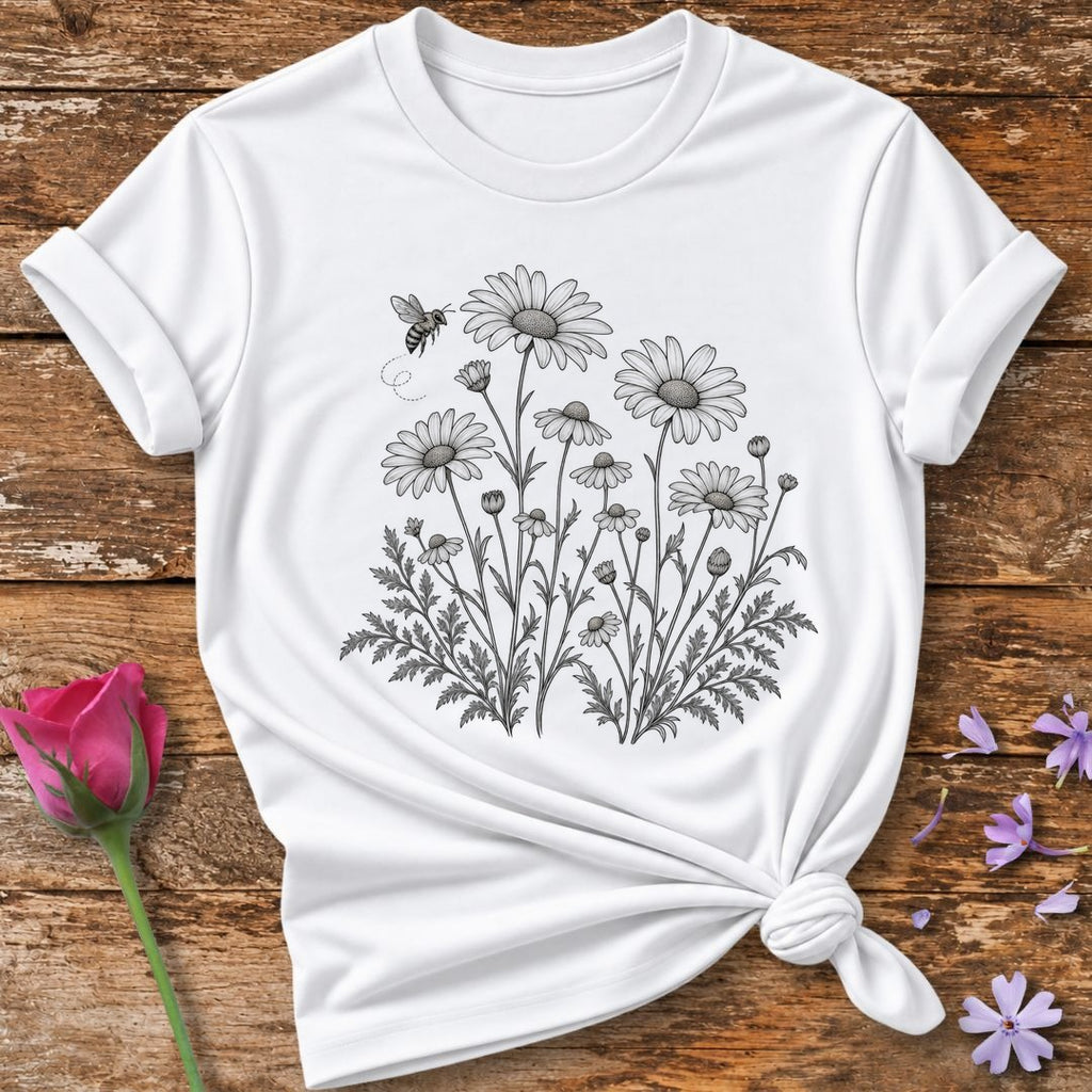 Wildflower Meadow — Fine Line Botanical T-Shirt for Women in White