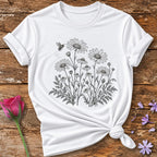 Wildflower Meadow — Fine Line Botanical T-Shirt for Women in White