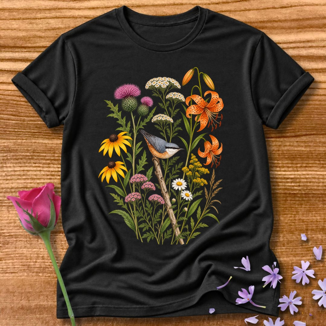 Wildflower Meadow — Watercolor Bird T-Shirt for Women in Black