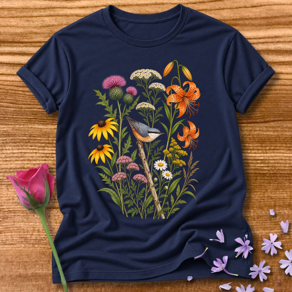 Wildflower Meadow — Watercolor Bird T-Shirt for Women in Navy