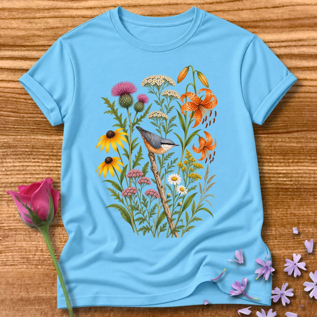 Wildflower Meadow — Watercolor Bird T-Shirt for Women in Sky