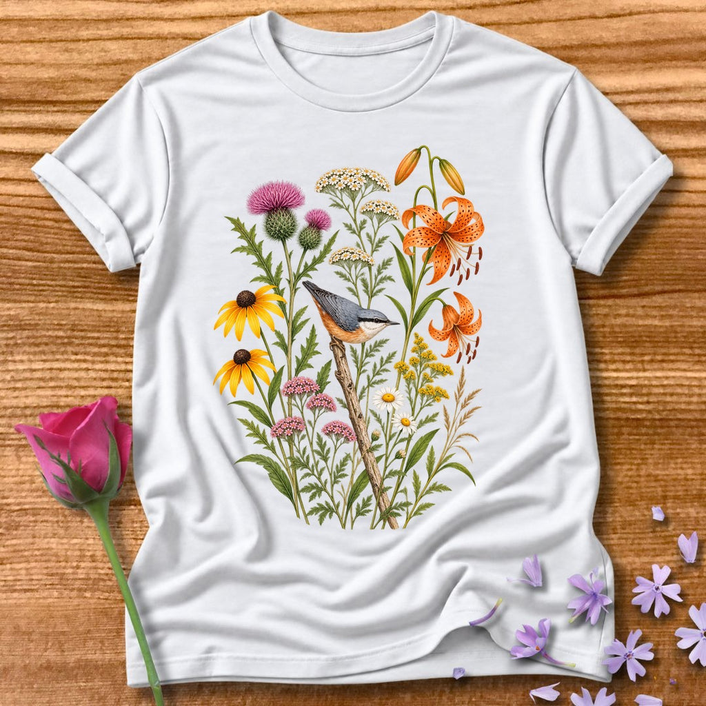 Wildflower Meadow — Watercolor Bird T-Shirt for Women in White