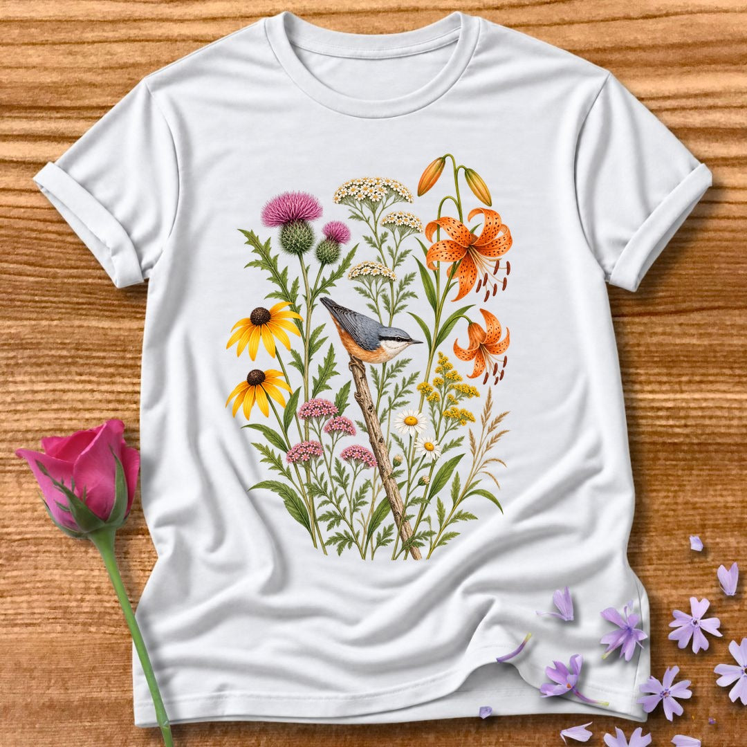 Wildflower Meadow — Watercolor Bird T-Shirt for Women in White