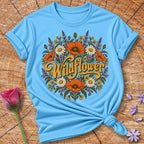 Wildflower — Retro Botanical Wordmark T-Shirt for Women in Sky