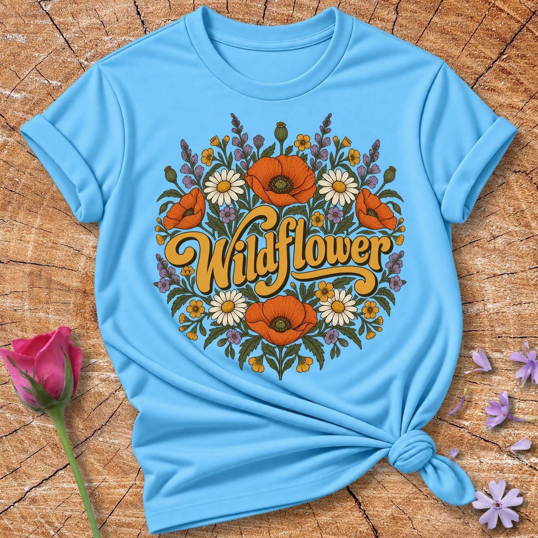 Wildflower — Retro Botanical Wordmark T-Shirt for Women in Sky
