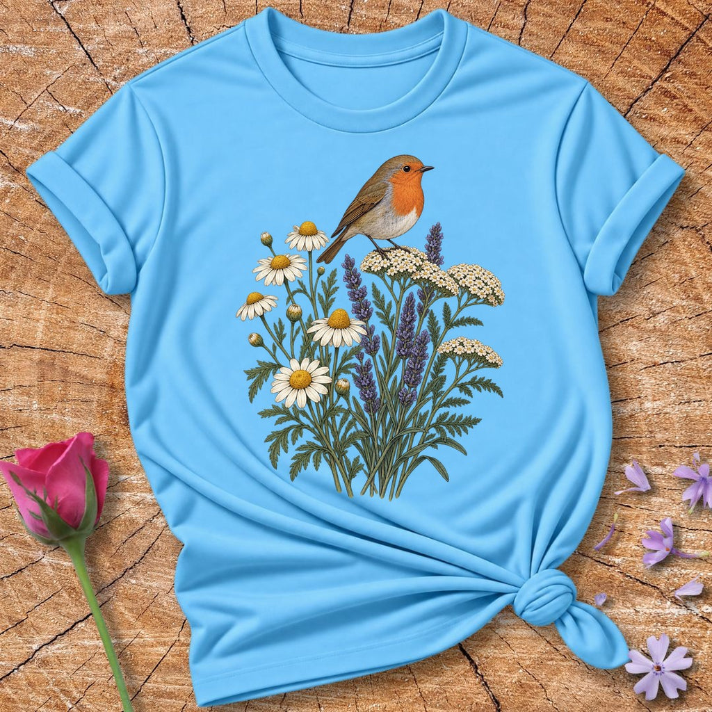 Wildflower Robin — Vintage Field Guide Botanical T-Shirt for Women in Sky