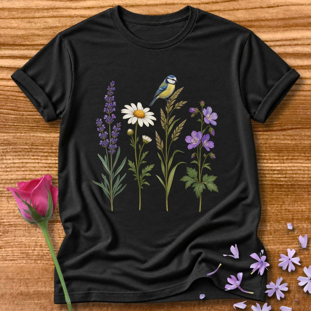 Wildflower Row — Minimalist Botanical Bird T-Shirt for Women in Black
