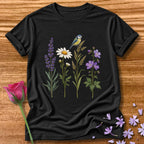Wildflower Row — Minimalist Botanical Bird T-Shirt for Women in Black