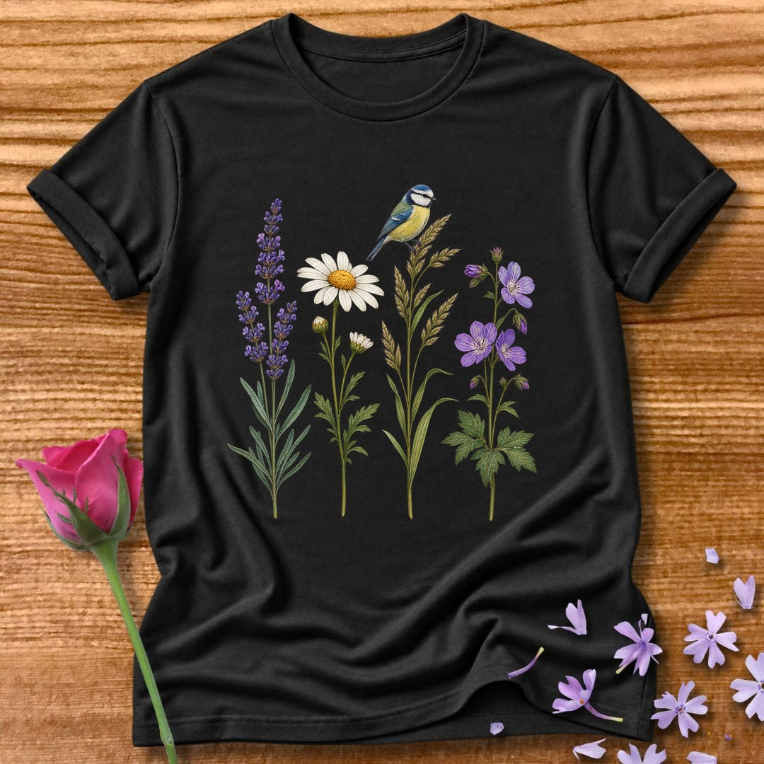 Wildflower Row — Minimalist Botanical Bird T-Shirt for Women in Black