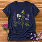 Wildflower Row — Minimalist Botanical Bird T-Shirt for Women in Navy