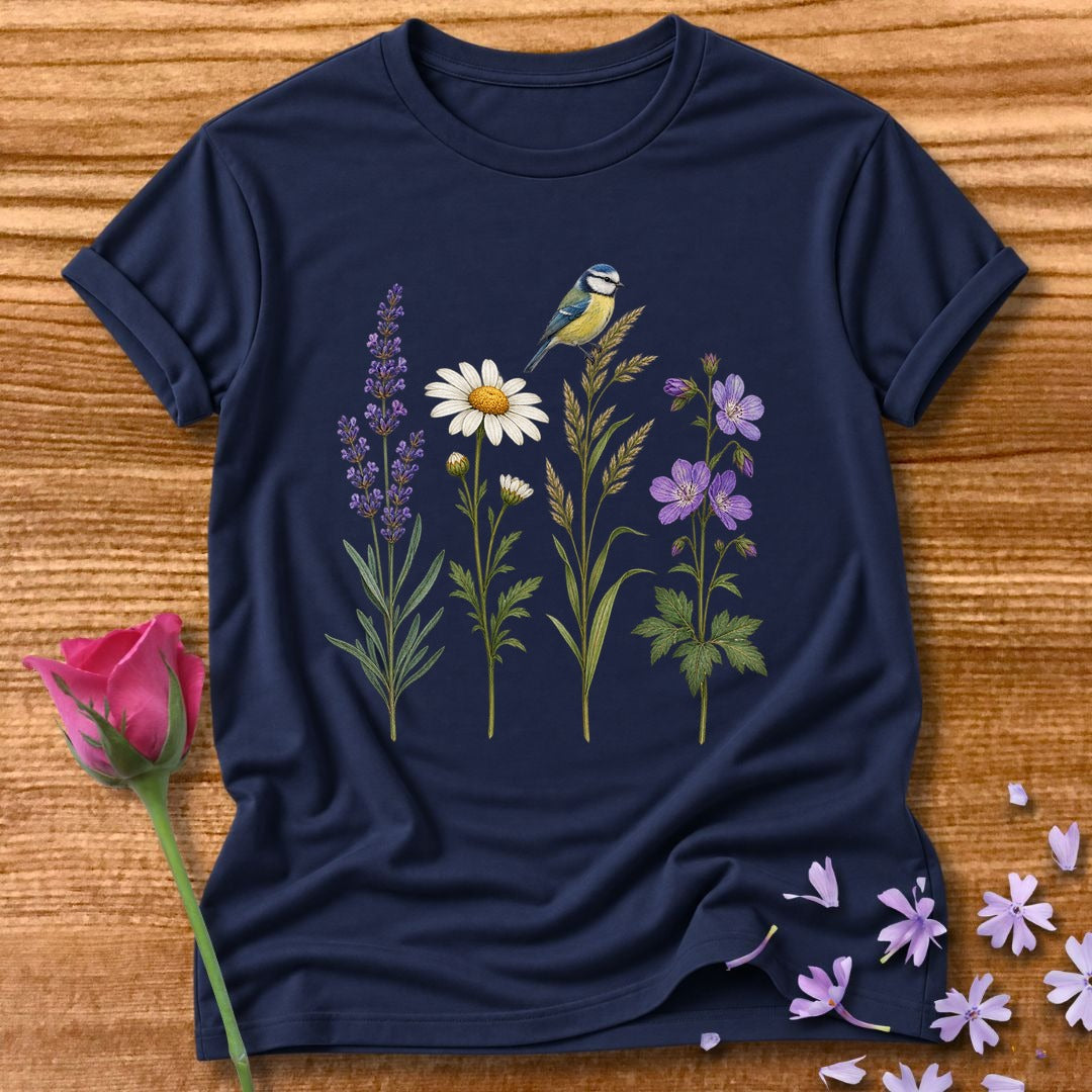 Wildflower Row — Minimalist Botanical Bird T-Shirt for Women in Navy