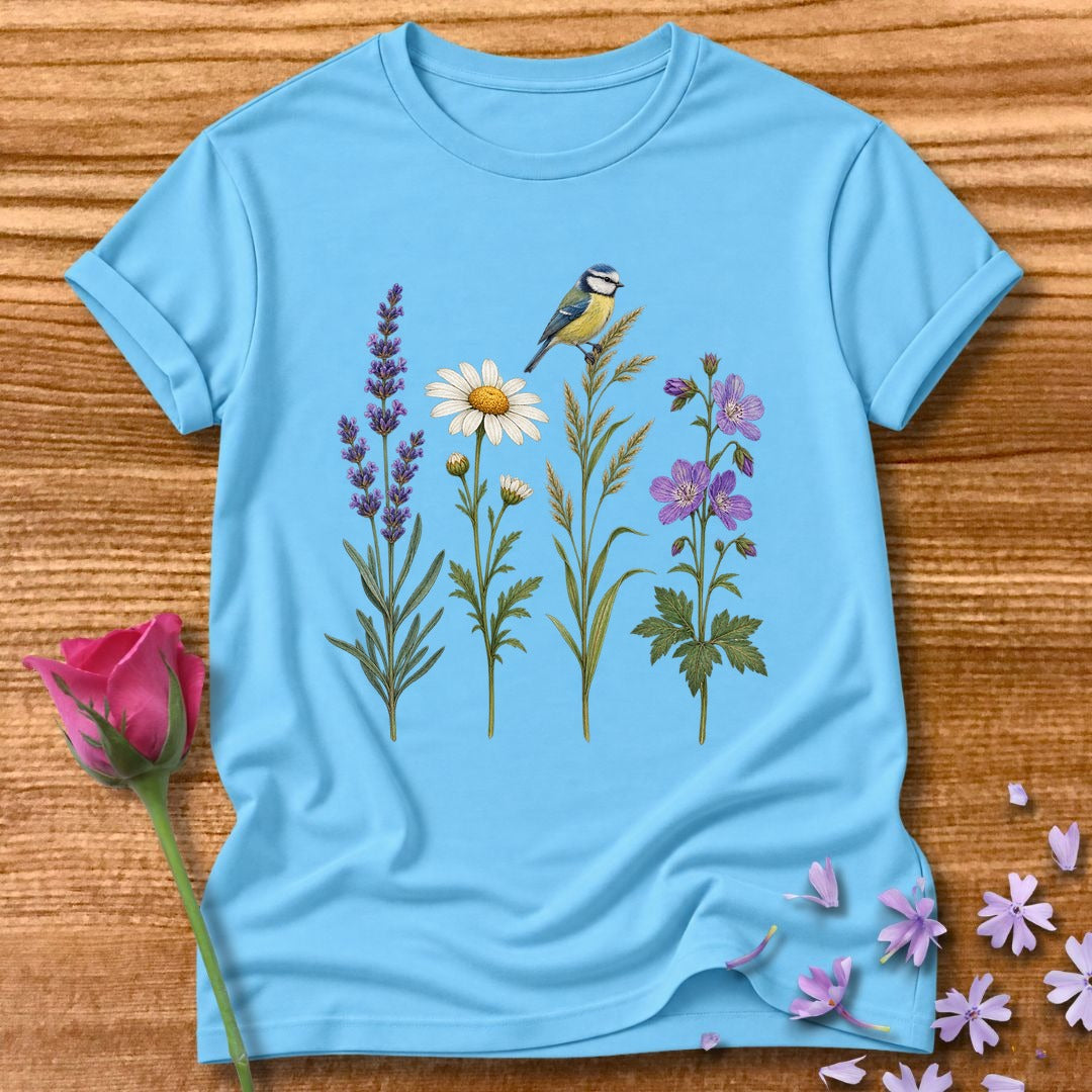 Wildflower Row — Minimalist Botanical Bird T-Shirt for Women in Sky
