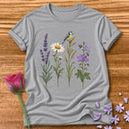 Wildflower Row — Minimalist Botanical Bird T-Shirt for Women in Sport Grey